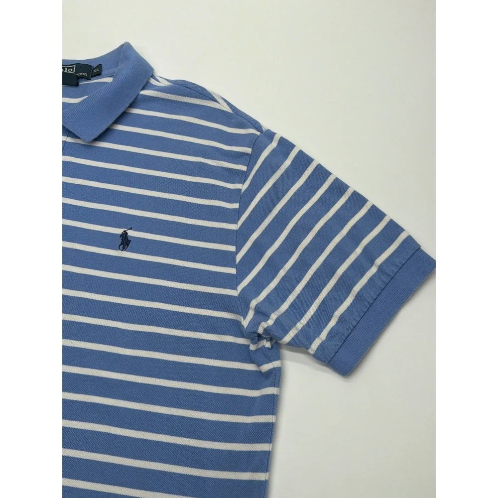 Polo Ralph Lauren Mens XL Blue White Striped Short Sleeve Pique‎ Polo Shirt Logo
